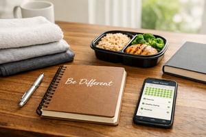 Habit stacking concept showing organized desk with notebook, meal prep containers, folded laundry, book, and habit tracking app representing health, productivity, and behavior change.