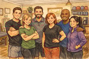 “Hand-drawn illustration of a physical therapy team creating a welcoming client experience at Whole Health Solutions and Sports Performance in Shirley MA.”