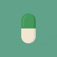 Minimalist digital illustration of a single green and off-white capsule pill centered on a flat, textured green background