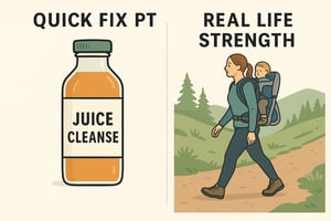 An image showing a side-by-side comparison:  Left: a bottle labeled “Quick Fix PT” (like a juice cleanse bottle).  Right: a photo of someone hiking with a child on their back, with the label “Real Life Strength.” Alt text: “Juice cleanse vs. real strength – Whole Health Solutions’ long-term physical therapy approach.”