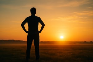 A person standing confidently at sunrise, silhouetted against a vast open field — symbolizing personal responsibility, growth, and change.