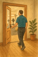 Hand-drawn illustration of a therapist walking into a Shirley MA physical therapy and sports performance clinic, shown entering a warm, inviting gym space with equipment in the background.