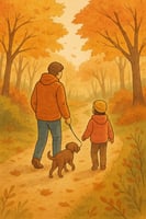 Hand-drawn illustration of a parent walking with a child and dog on a fall trail, symbolizing family, presence, and whole-body health at a Shirley MA physical therapy clinic.