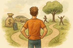 Hand-drawn watercolor-style image of a person choosing health over wealth, representing the message of investing in long-term health at Whole Health Solutions in Shirley MA Physical Therapy.