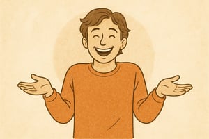 Hand-drawn digital illustration of a smiling young man in an orange sweater shrugging with both hands raised, representing curiosity and positivity at Whole Health Solutions in Shirley MA.