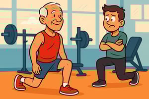 Older man performing walking lunges with perfect form, showing strength at any age.