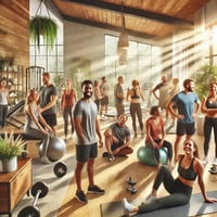 A warm and inviting fitness and wellness studio with a welcoming atmosphere, featuring a diverse group of people engaged in various activities such as physical therapy, group exercise, and strength training, with natural light streaming through large windows and greenery adding a calming touch.