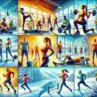 A winter-themed image showing a diverse group of people engaged in fitness activities indoors and outdoors. The indoor gym features individuals lifting weights, stretching, and practicing yoga, while the outdoor scene shows people jogging on a snowy trail. Large windows reveal a snowy landscape, emphasizing preparation for spring and summer activities.