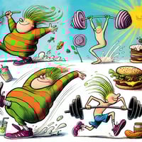 A whimsical and playful digital illustration inspired by Shel Silverstein's style. The image features lively, animated characters in motion—one lifting weights, another running joyfully, and another stretching. The background is bright and energetic, with a shining sun, floating food items like a healthy burger and a smoothie, and fun, exaggerated motion lines. The illustration captures themes of movement, nourishment, and vitality in a lighthearted and engaging way.