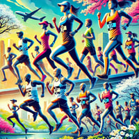 Runners of various skill levels participating in a marathon and other road races, such as a 5K and half marathon, on a scenic spring day. The scene features blooming trees, a bright blue sky, and a cheering crowd, capturing the energy and excitement of race season. One runner wears a bib subtly hinting at the Boston Marathon, emphasizing the spirit of long-distance running.