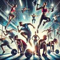 A diverse group of individuals engaging in various athletic movements, including lifting weights, sprinting, jumping, and stretching, in an energetic gym environment. The image emphasizes strength, agility, and movement, reinforcing the idea that athleticism is for everyone, regardless of age or background.