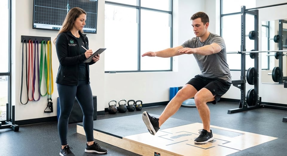 Patient performing functional movement assessment at a sports performance training facility in Shirley