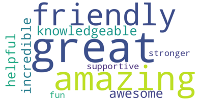 A word cloud made of adjectives describing Whole Health Solutions, including “great,” “amazing,” “knowledgeable,” “friendly,” and “supportive.”