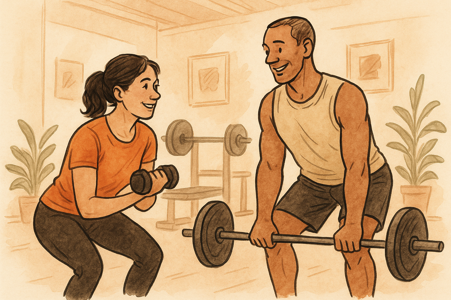 Hand-drawn illustration of two clients training together at a Shirley MA physical therapy and sports performance clinic, highlighting support in strength training.
