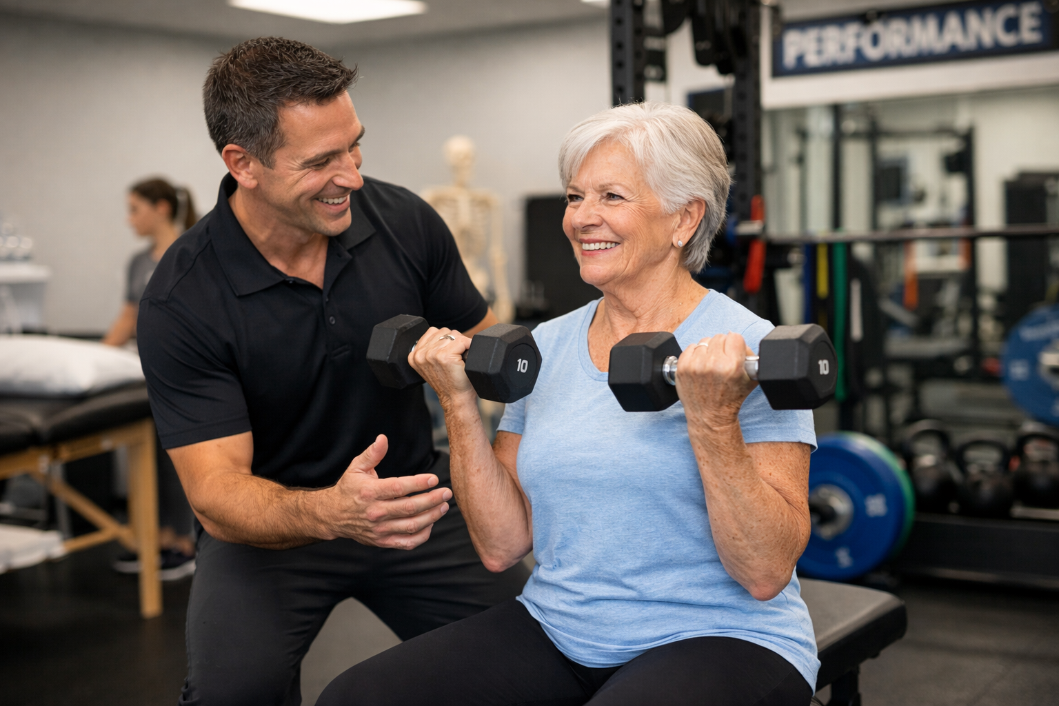 Active older adult strength training with guidance at a physical therapy and performance clinic in Shirley, MA