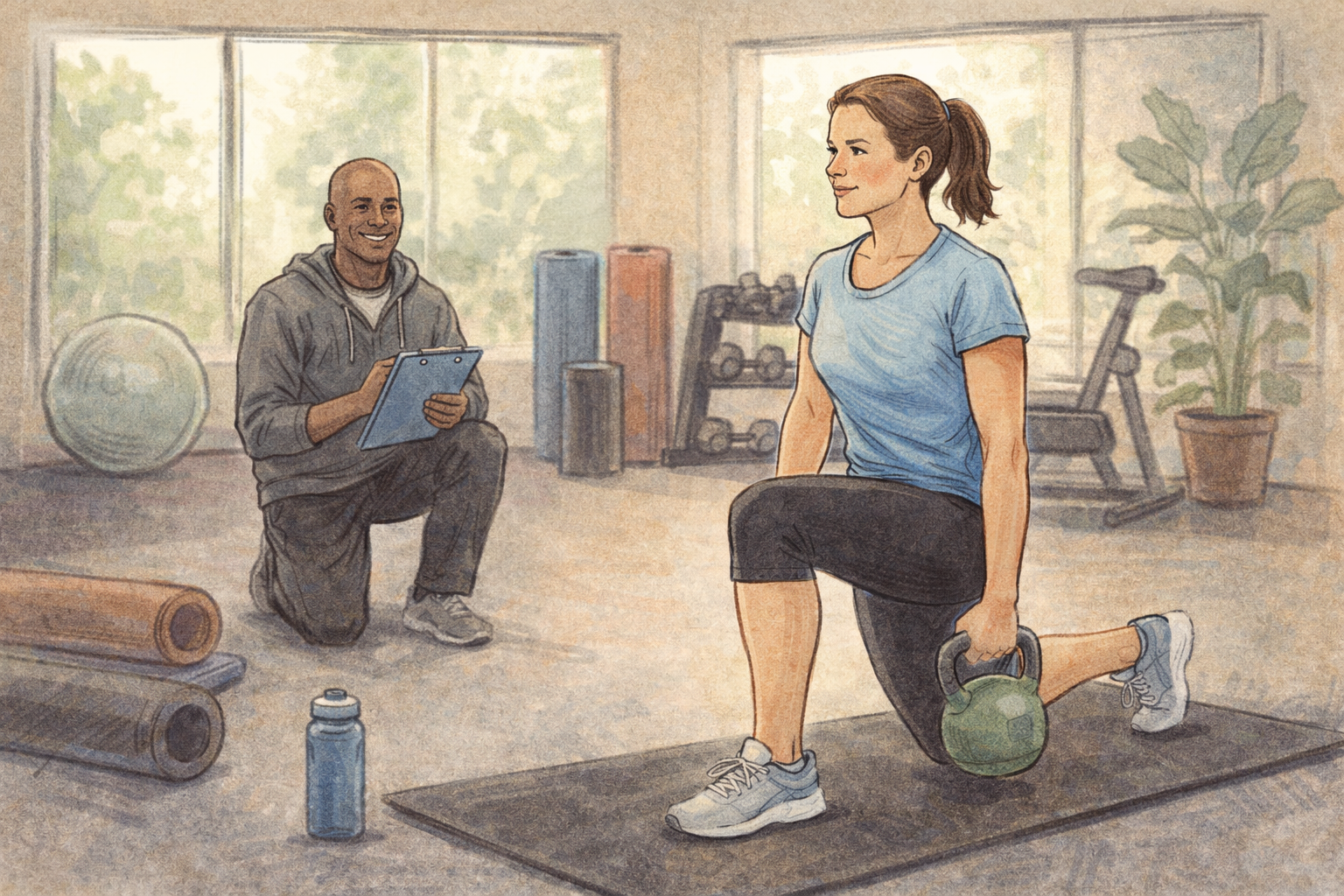Hand-drawn illustration of a client focusing on movement and recovery at a Shirley MA physical therapy and sports performance training facility.