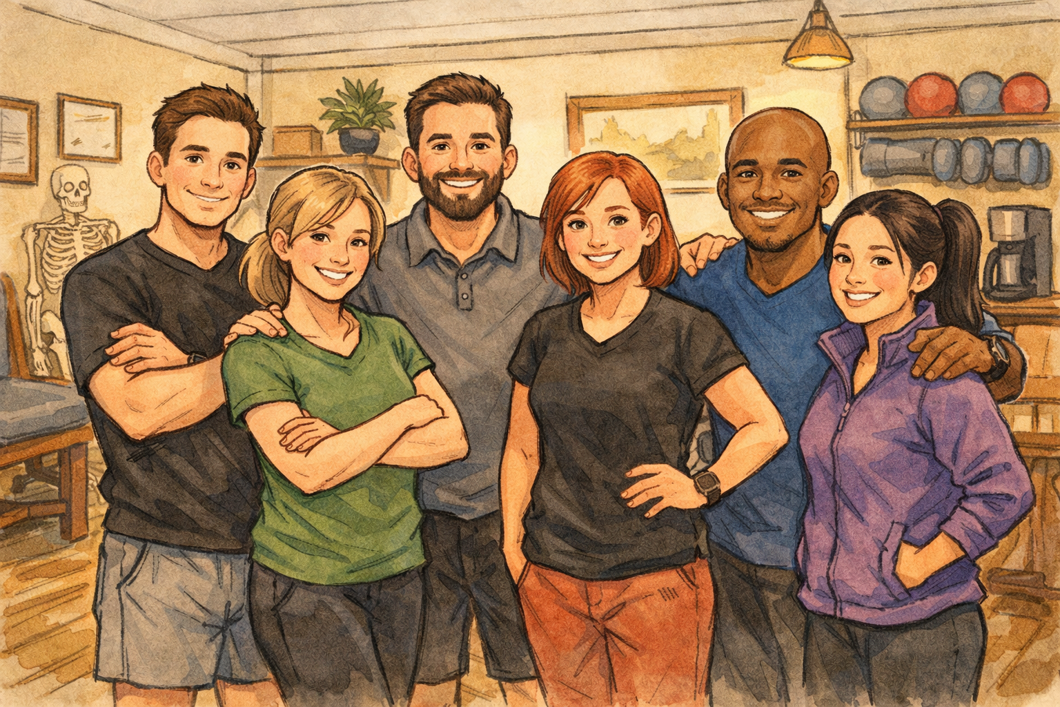 “Hand-drawn illustration of a physical therapy team creating a welcoming client experience at Whole Health Solutions and Sports Performance in Shirley MA.”