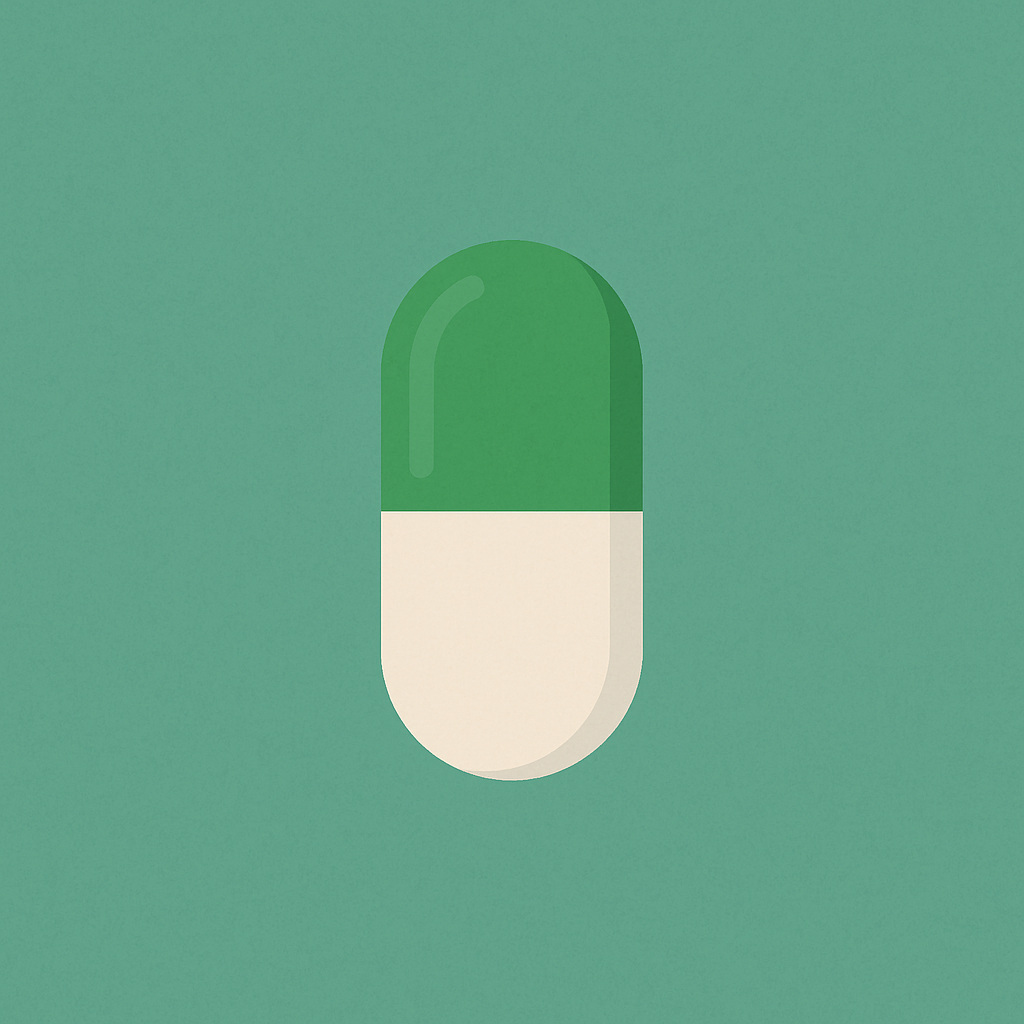 Minimalist digital illustration of a single green and off-white capsule pill centered on a flat, textured green background