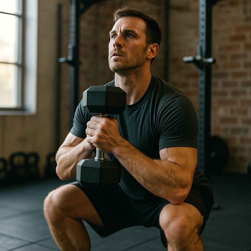 A person mid-workout in a strength and conditioning gym, looking focused and determined, with soft natural light highlighting movement and effort.