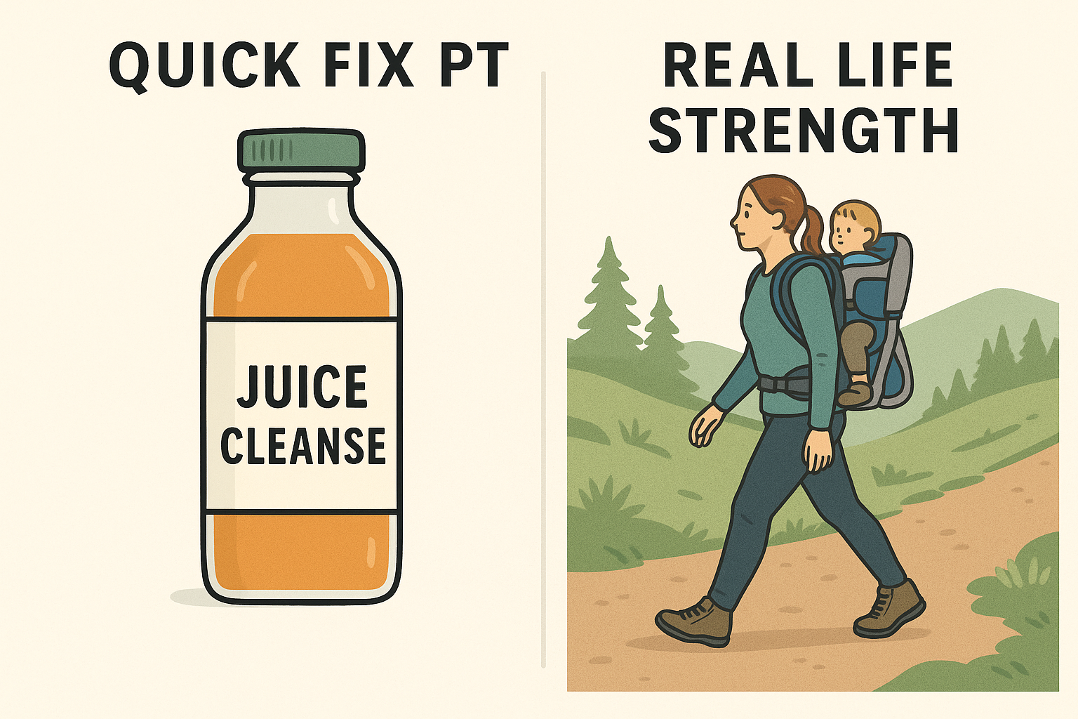 An image showing a side-by-side comparison: Left: a bottle labeled “Quick Fix PT” (like a juice cleanse bottle). Right: a photo of someone hiking with a child on their back, with the label “Real Life Strength.” Alt text: “Juice cleanse vs. real strength – Whole Health Solutions’ long-term physical therapy approach.”