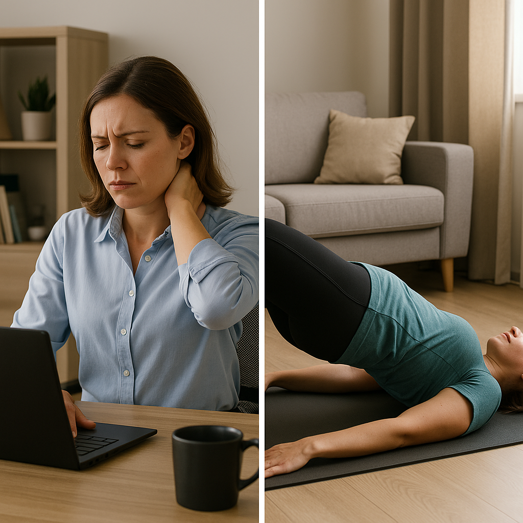 Woman doing a glute bridge at home to counteract long hours of sitting at her desk.