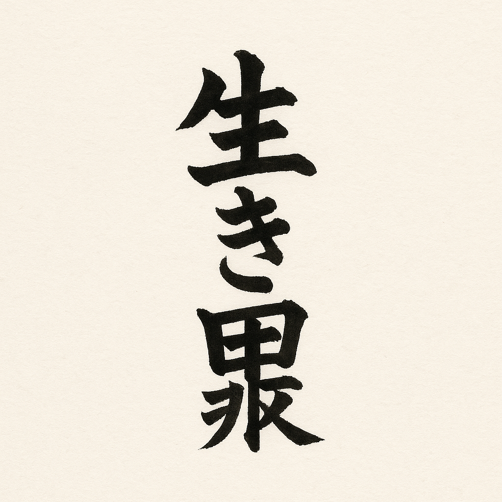 Hand-painted Japanese kanji symbol for “Ikigai” (生き甲斐) in black ink on textured off-white paper background, representing purpose, balance, and meaning in life.