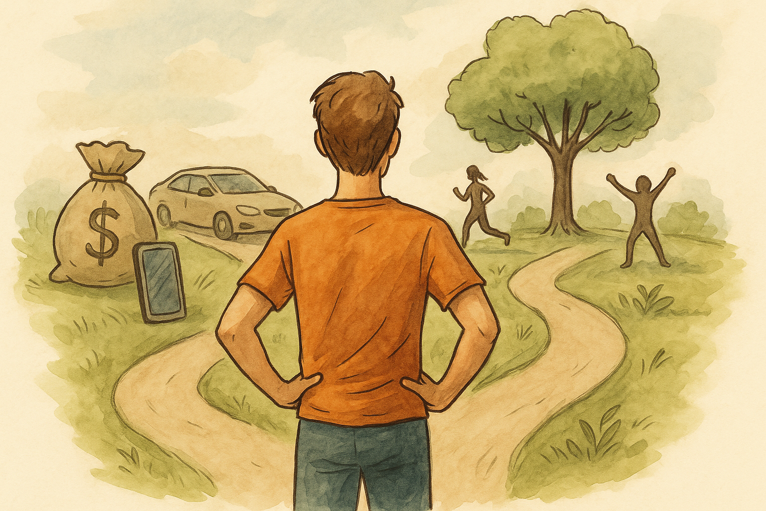 Hand-drawn watercolor-style image of a person choosing health over wealth, representing the message of investing in long-term health at Whole Health Solutions in Shirley MA Physical Therapy.