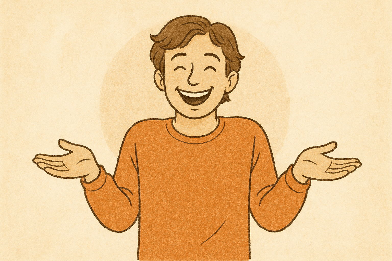 Hand-drawn digital illustration of a smiling young man in an orange sweater shrugging with both hands raised, representing curiosity and positivity at Whole Health Solutions in Shirley MA.