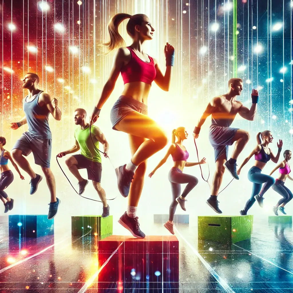 A vibrant and dynamic fitness-themed image showcasing people of diverse ages and fitness levels engaged in high-energy activities such as box jumps and jump rope exercises, set against a colorful, futuristic background with bright lights and an energetic atmosphere.