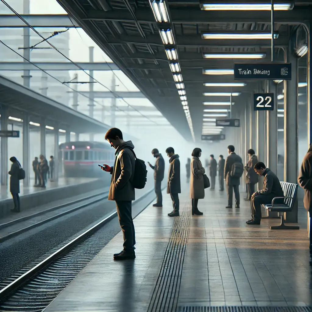 A quiet commuter rail train station in the early morning, with individuals standing alone and isolated. Some are looking at their phones, while others stare into the distance, emphasizing solitude and disconnection. The train tracks and station architecture are visible in the muted lighting of dawn.