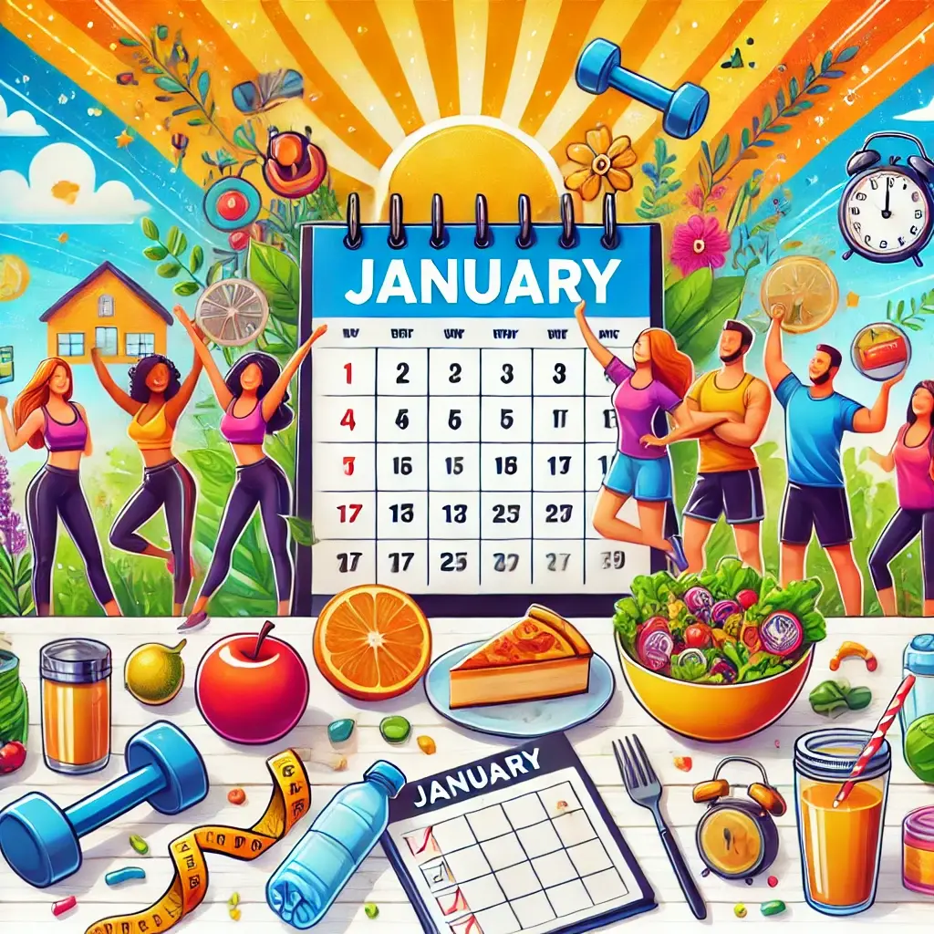 A vibrant and motivational scene featuring a diverse group of people celebrating their New Year’s resolutions, with a calendar displaying 'January,' fitness equipment, and a checklist symbolizing goal-setting and progress.