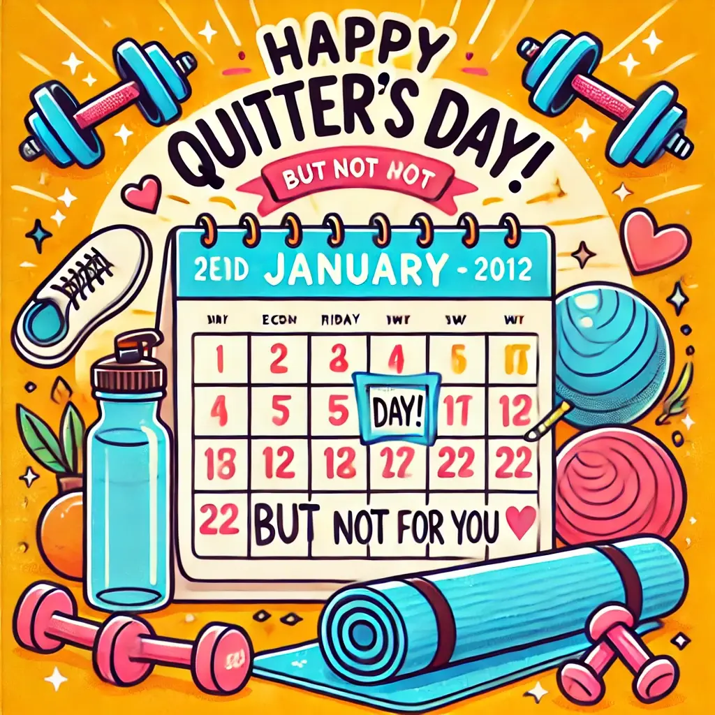 A vibrant and motivational image for Quitter's Day featuring a calendar with the second Friday of January highlighted, fitness equipment like dumbbells, a yoga mat, and a water bottle. The text 'Happy Quitter's Day! (But Not For You 😉)' is displayed in bold, cheerful font, with a bright and sunny background to convey encouragement and determination.