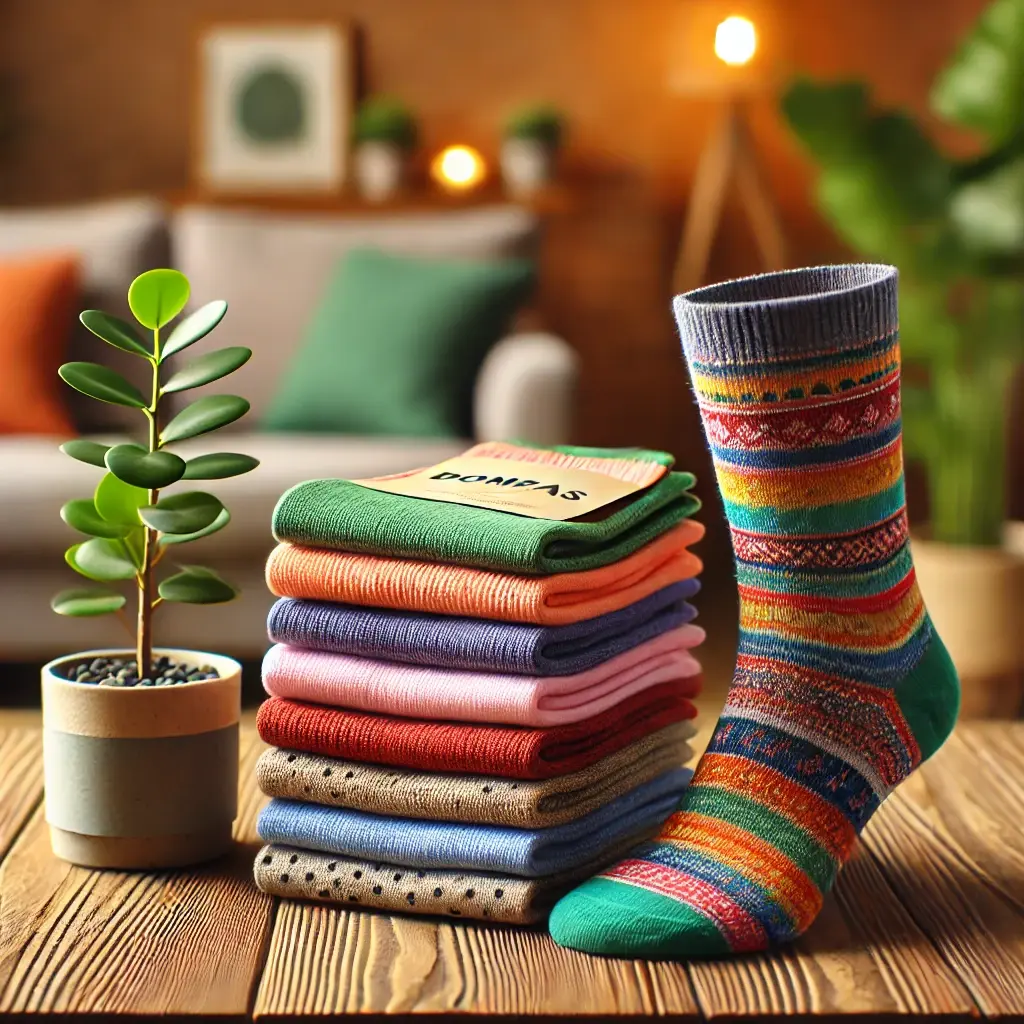 Colorful Bombas socks on a wooden table, representing comfort, durability, and sustainability.