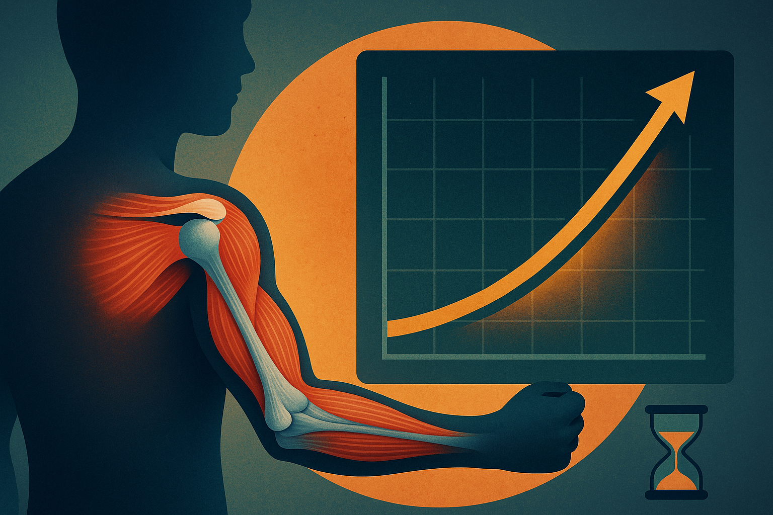 Digital illustration of a human silhouette with anatomical detail of the shoulder and arm muscles, paired with a rising progress graph and hourglass icon, symbolizing gradual tissue adaptation and growth over time.