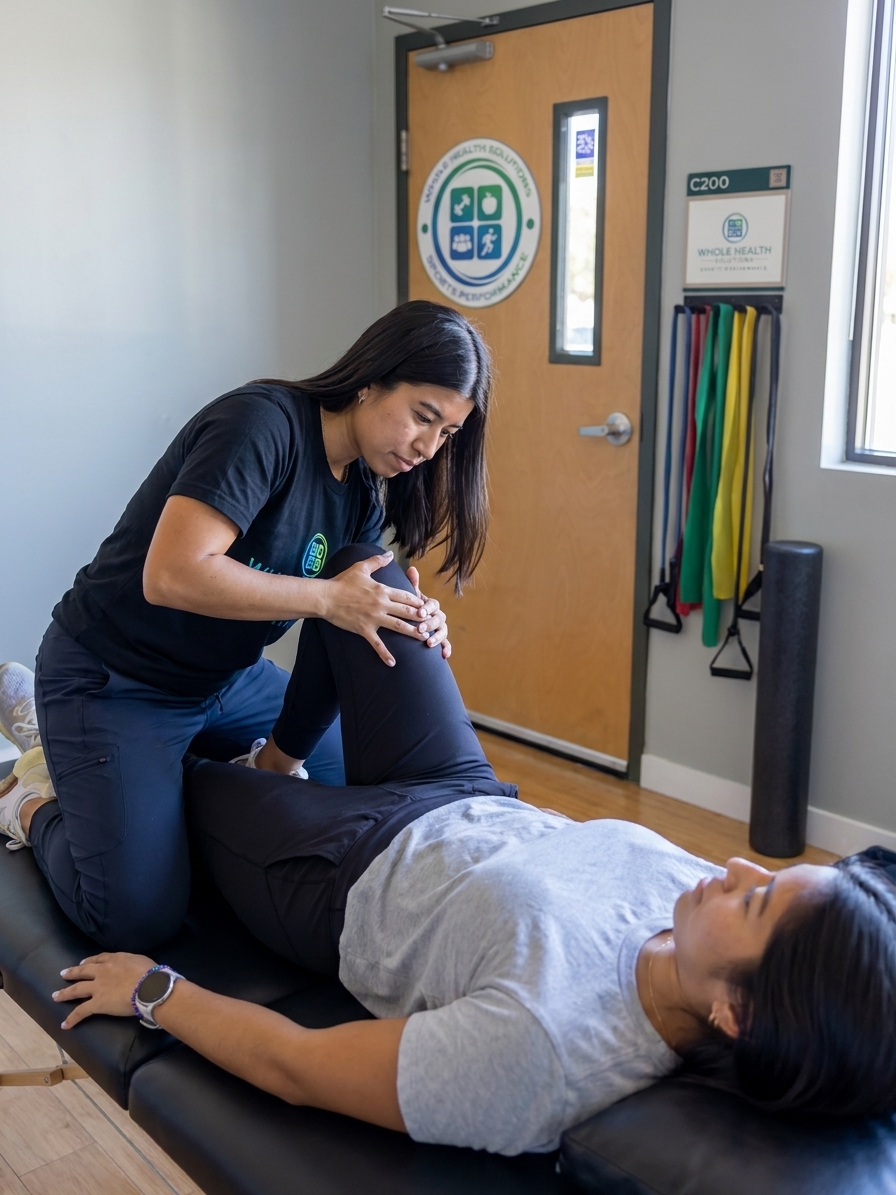Patient receiving lower extremity manual therapy from a physical therapist at a sports performance clinic in Shirley, MA